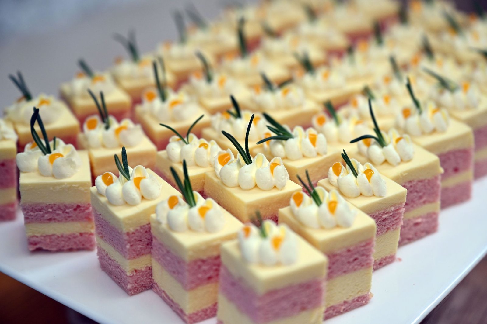 Close-up of assorted mini cream cakes with icing and toppings on a platter.