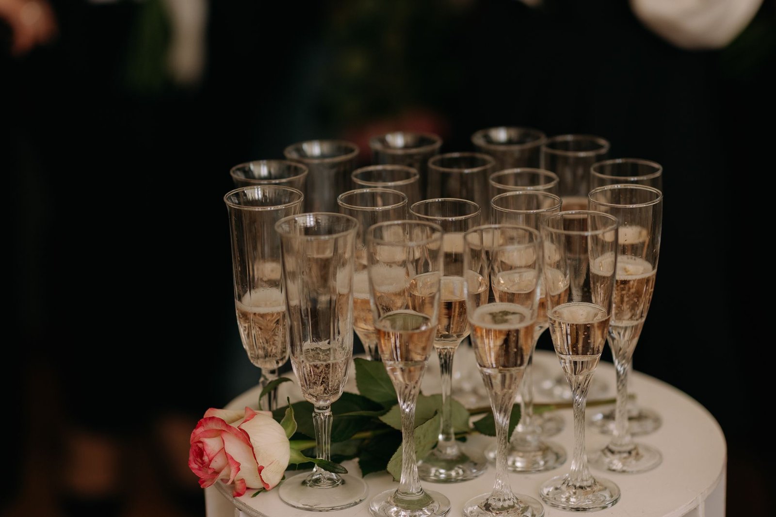 Champagne glasses arranged elegantly on a table with a pink rose for a celebration or event.