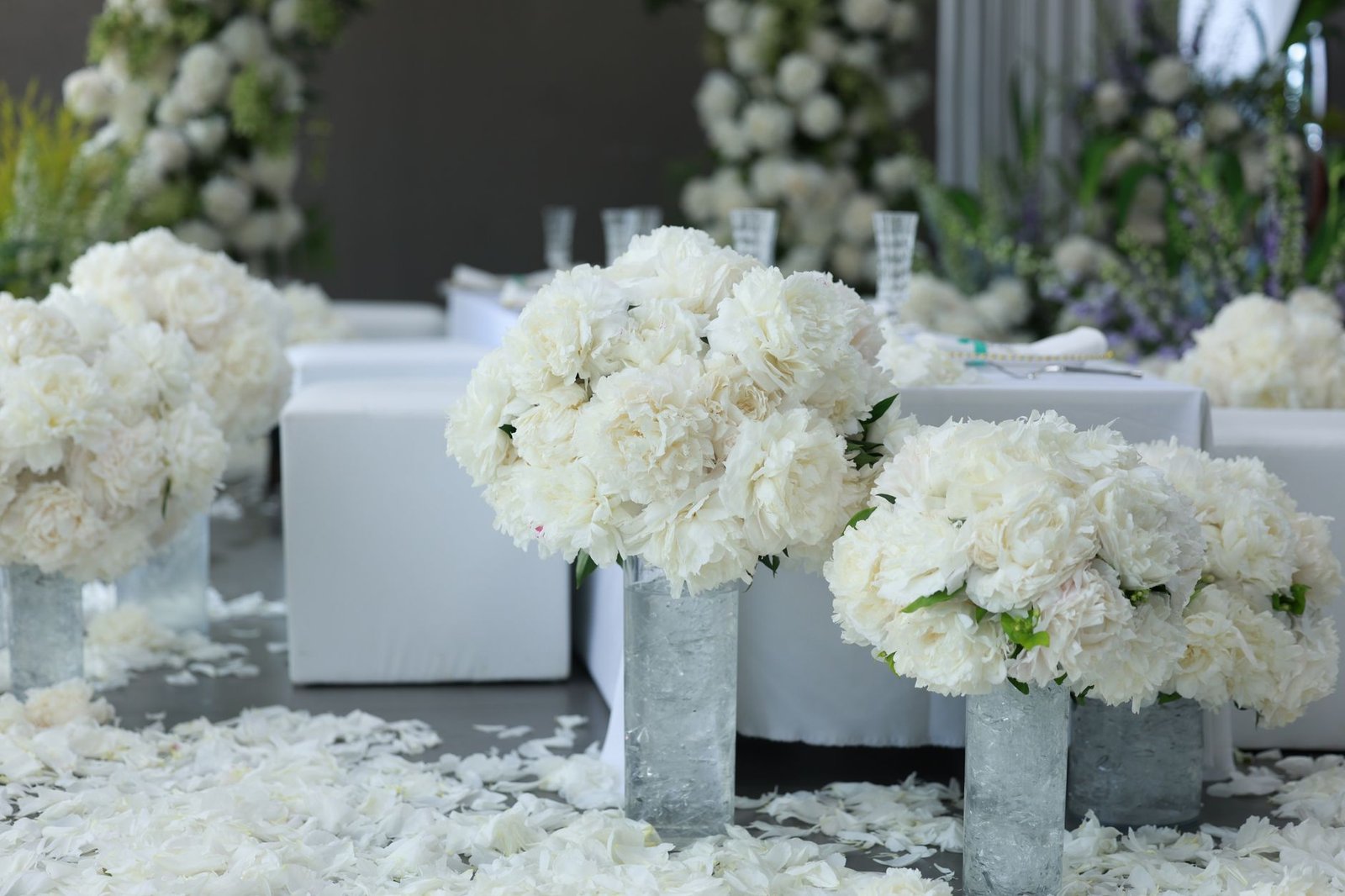 Sophisticated wedding decoration with white floral arrangements and elegant seating.